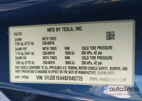 2025 Tesla Model 3 Long Range Rear-Wheel Drive/Standard from USA, damaged, VIN 5YJ3E1EA4SF045775
